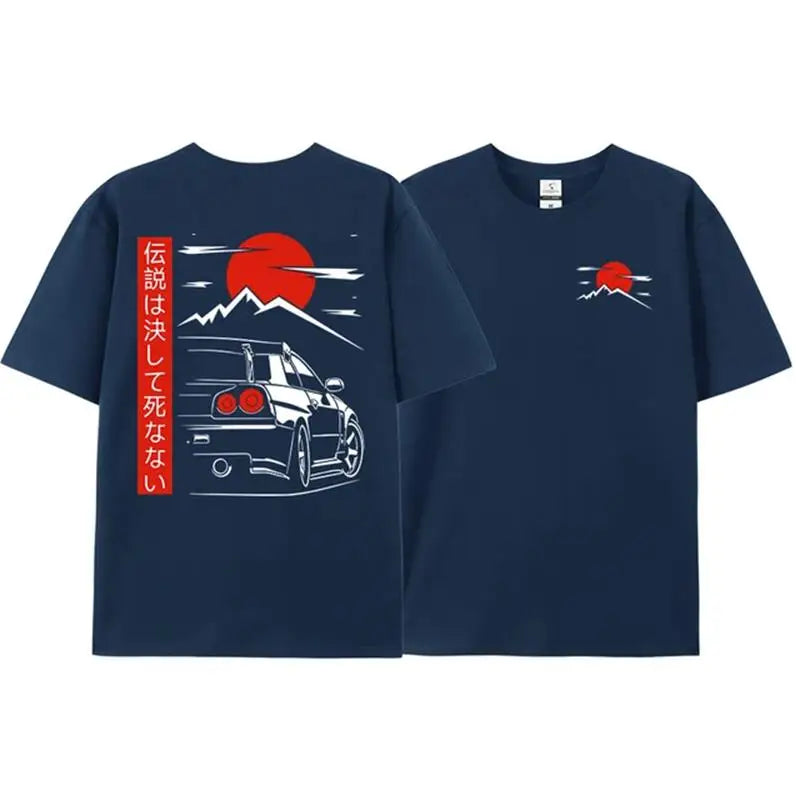 Japanese Style Car JDM Culture GTR R34 Racing T Shirts Men Back Print Street Wear Original Design Oversized Tops Tee