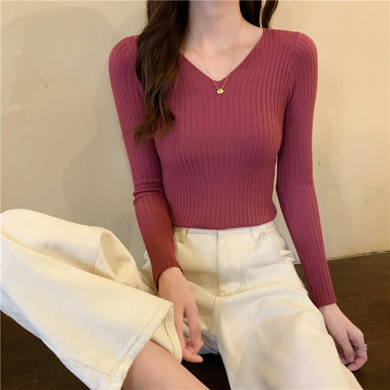 2026 Fashion Casual Long Sleeve Knitted Sweaters Korean Autumn Winter V Neck Sweater Solid Color Slim Pullovers Women Clothes