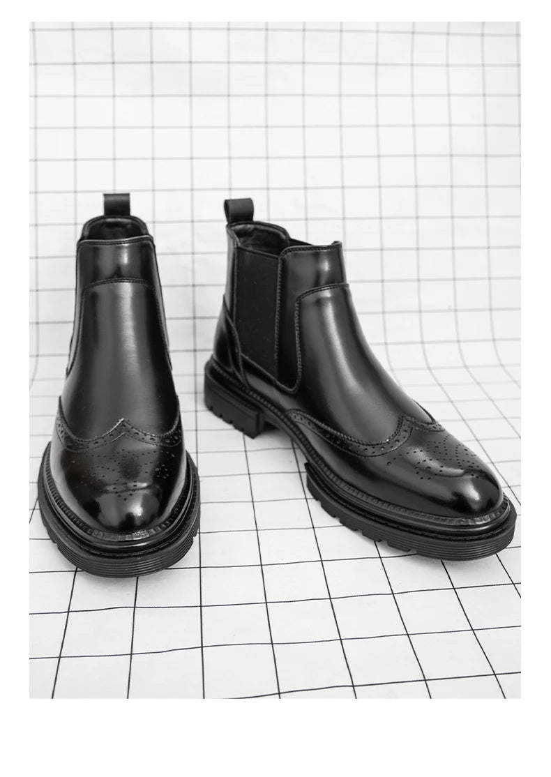 Men's riding boots British-style retro brogue carved high-top leather shoes men's casual leather shoes thick-soled leather boots