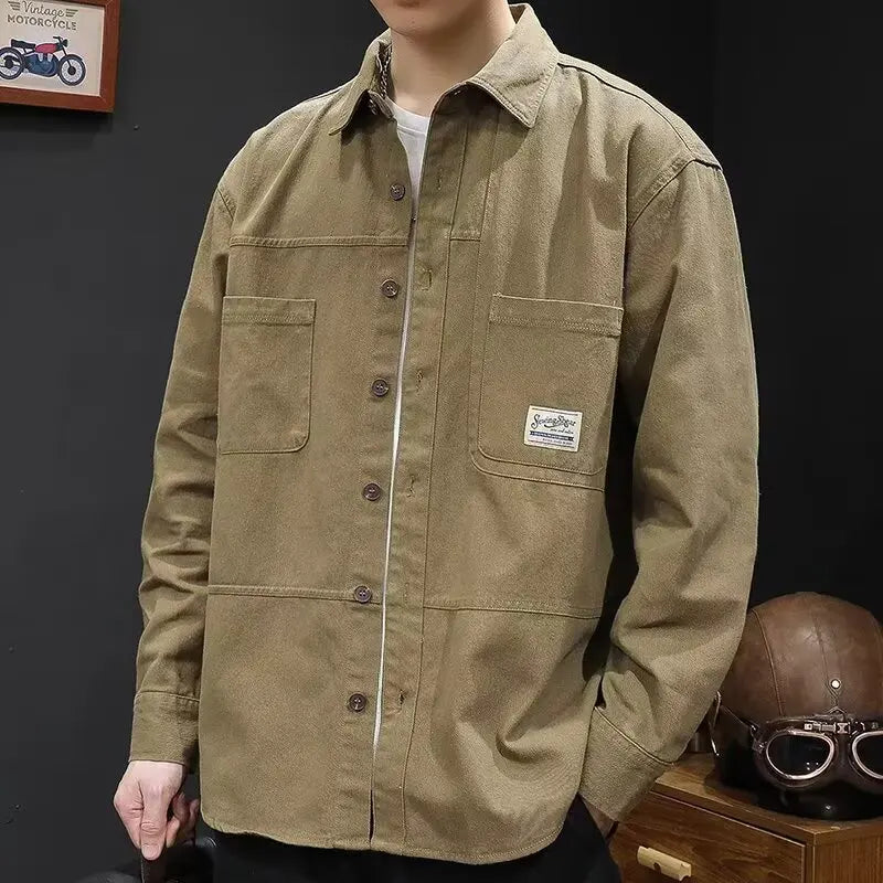 Retro Casual Loose Fit Men's Shirt Long Sleeve Turn-down Collar Fashionable Workwear Jacket Outerwear for Youth