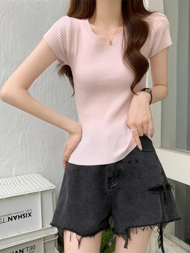 AOSSVIAO 2025 Basic O-neck Solid Thin Summer Pullover Women Female Knitted Ribbed Sweater Slim Short Sleeve Bodycon Sweater
