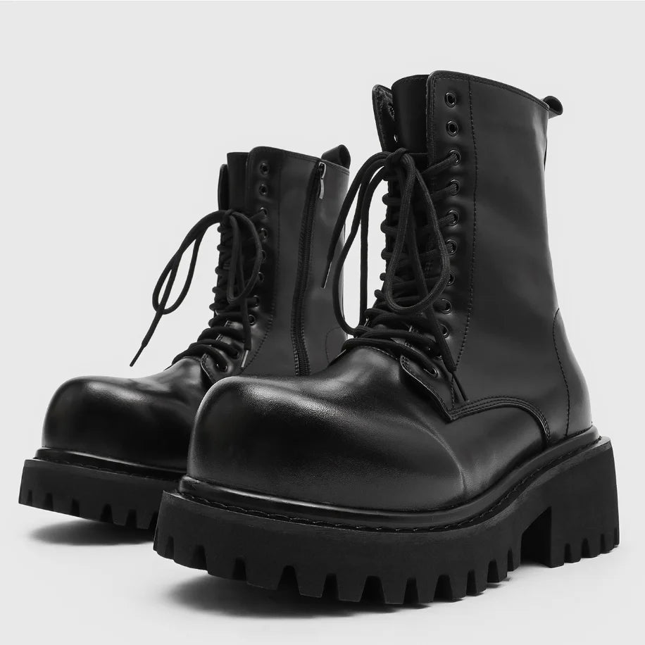 Thick-Soled Motorcycle Boots Retro Big Round Toe Men's Boots Classic Height Increasing Outdoor Designer Handmade Men Boots