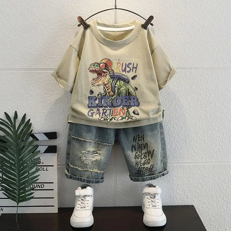 Korean Baby Boys Summer Sets Children's Clothing Short-Sleeved Letter T-Shirt & Denim Shorts Kids Boys Outfits Clothes 2-11Y