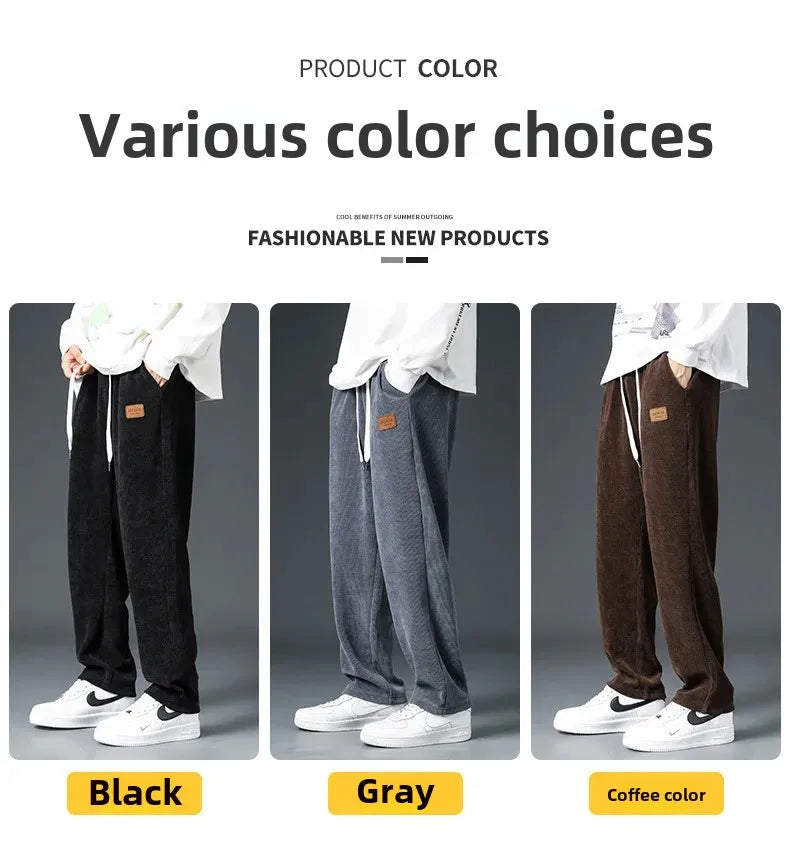 Trendy Corduroy Men's Pants Casual Fleece-Lined Loose-Fit Straight-Legged Sweatpants Autumn Winter High-Quality Foreign Trade