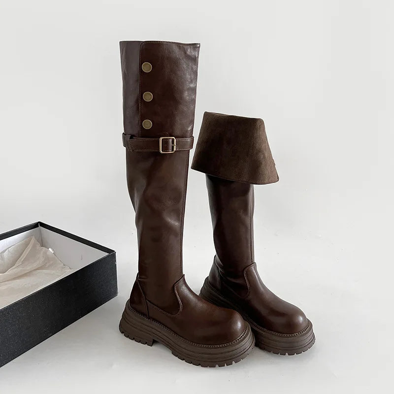 Over-the-Knee Boots2025Autumn and Winter New Retro British Style Chunky Heel Platform Boots Women's Tube Skinny Boots