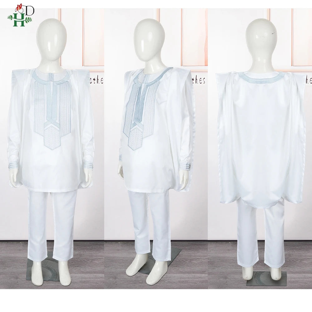 H&D 2025 African Tradition Clothes For Kids Boys White Blue Long Sleeve Tops Embroidery Dashiki Robe Shirt Pant Child Set 3 PCS