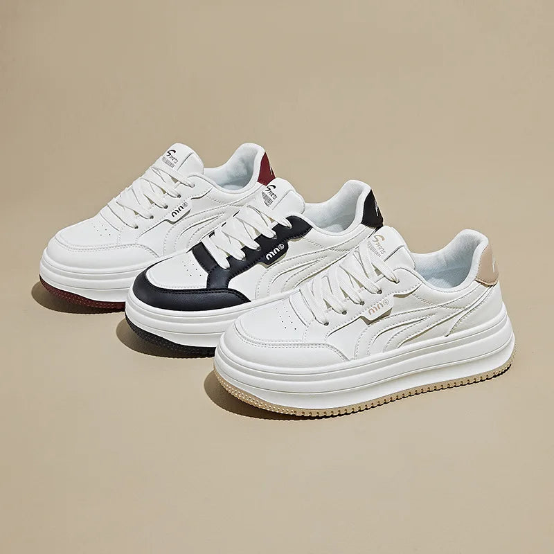 Women's White Shoes2025Autumn New Thick-Soled Platform Shoes Leather Surface All-Season Casual Sports Shoes for Women