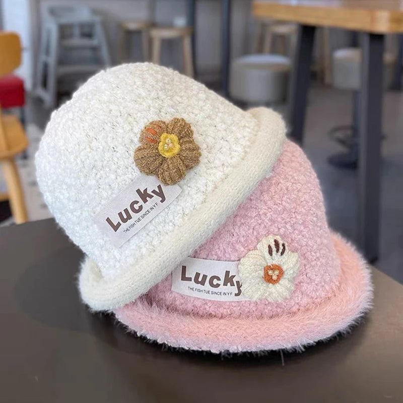 Winter Warm Baby Knitted Bucket Hat Sweet Crochet Flower Girls Curled Fisherman Hats 2-8Year Children Thicken Woolen Basin Cap