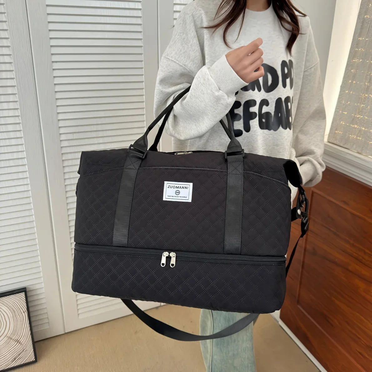 2pcs Set Large Capacity Travel Duffel Bag with Shoe Compartment and Cosmetic Pouch, Casual Nylon Gym Bag, Weekend Overnight Bag