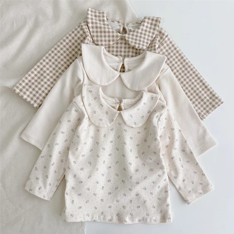 2025 Autumn New Baby Long Sleeve Cotton T Shirts Infant Plaid Floral Cute Girls Tops Kids Versatile Casual Lapel Bottoming Shirt