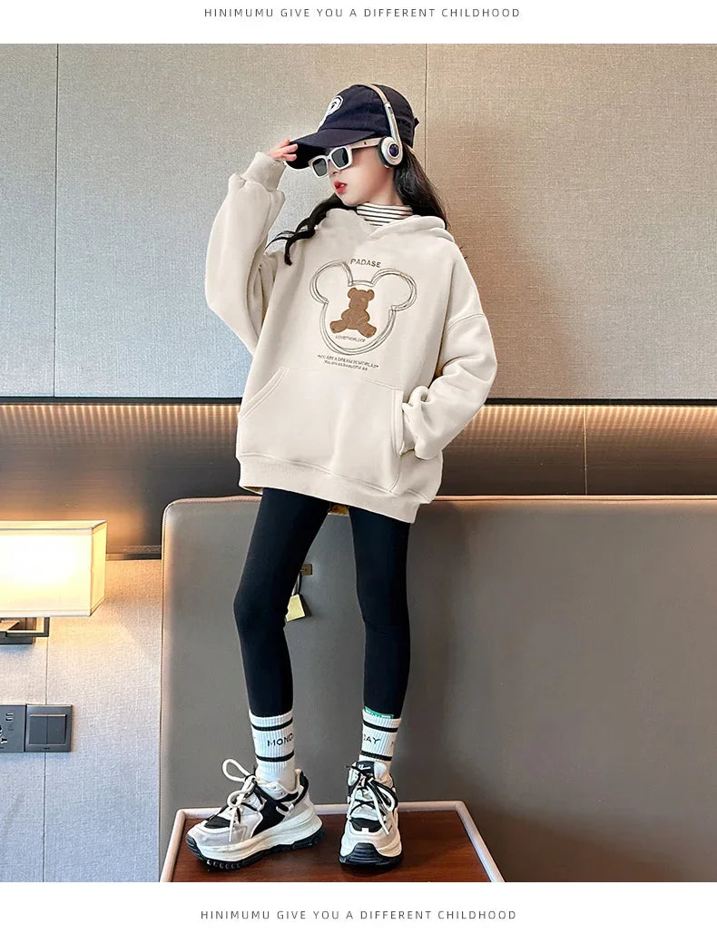 2026 girls clothes spring winter sweatshirt bear t-shirt hooded + stretch pants leggings teens children set 8 9 10 11 12 year