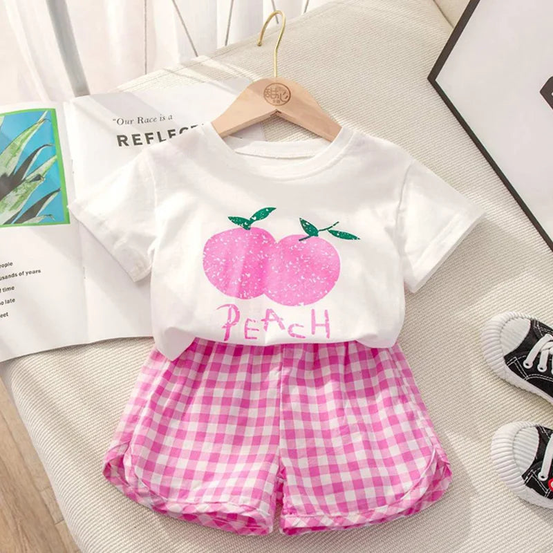 Baby Girls Set Summer Children Clothing Sets Plaid Shorts Short Sleeve T-Shirt Baby Girl Clothes Sweet Cute Outfits for 2-4Years