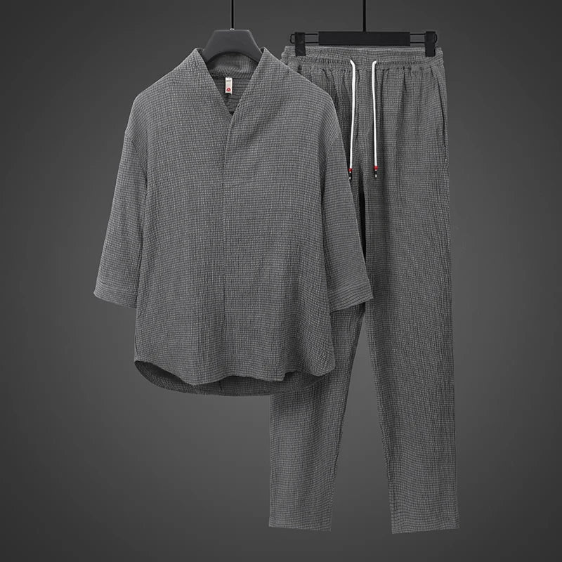 Summer Thin Ice Silk Casual Loose Sve T-irt Two-Piece Set for Young Men Comfortable Breathable Lightweight Long Pants