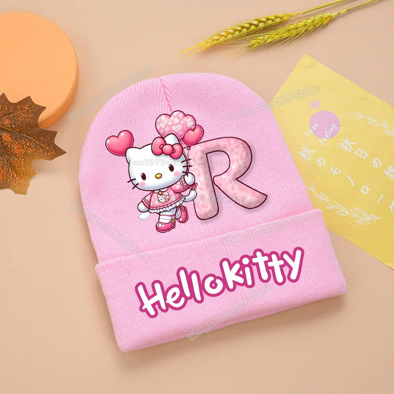 Hello Kitty Kids Knitting Hats Cute Letter A-Z Girl Winter Beanies Cartoon Print Weaved Bonnet Winter Warm Children Beanies Caps