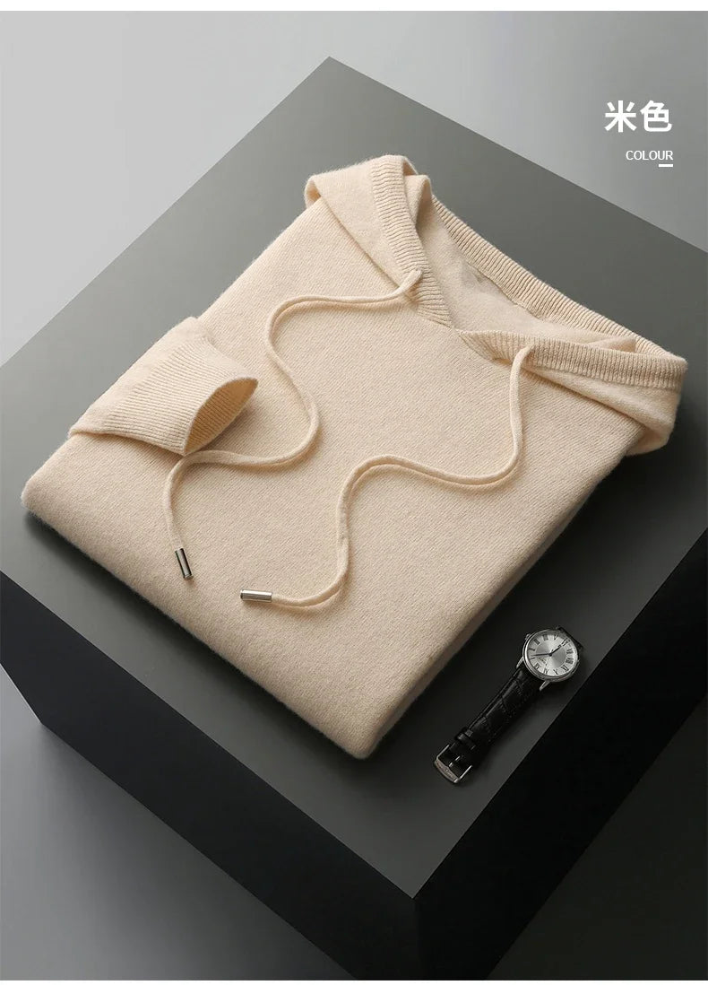 Men's One-piece ready-to-wear Hoodie 100% Merino Wool Knitted Sweatshirt Autumn Winter Casual Large Top Long Sleeved