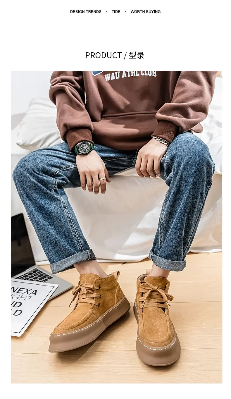 Men's High-top Boots in Solid Colors Flat Heels and Lace-up A Trendy Brand Design for The Four Seasons Fashion Walking Boots