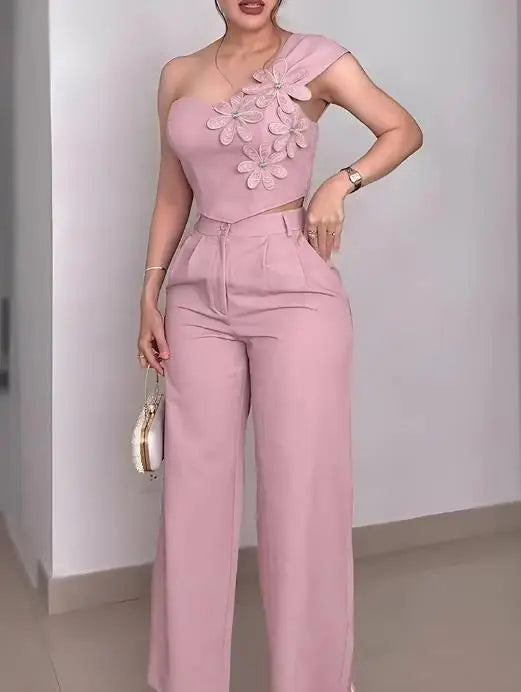 Summer Sloping Collar Decal Decoration Short Sleeveless Top and High Waist Wide Leg Pants Set for Women's Elegant 2-Piece Set