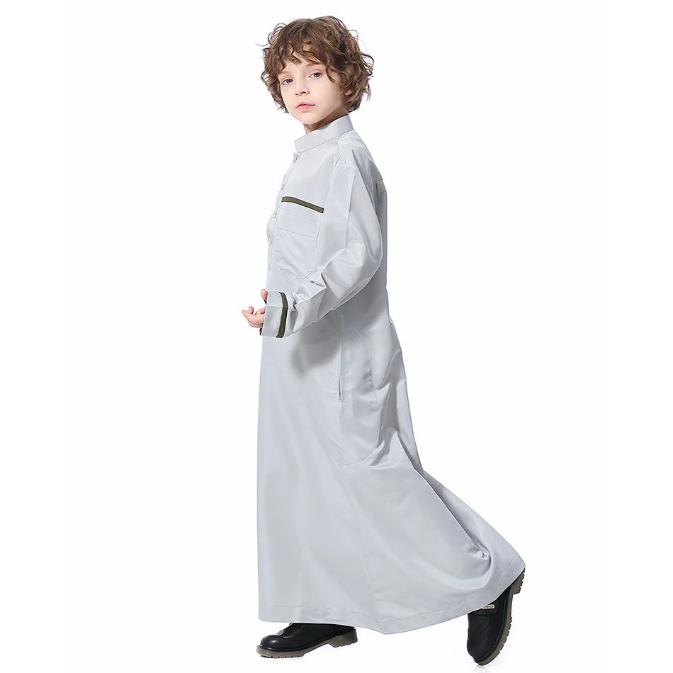 Ramadan Eid Islamic Boys Long Robe Children Traditional Arab Thobe Thawb Caftan Solid Color Long Sleeve Stand Collar with Pocket