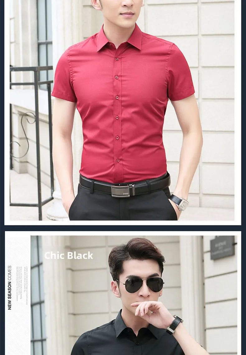 Professional Mens Short Sleeve Shirt White Business Casual Slim Fit Japanese Retro Style Polyester Fiber Printed Shirt for Youth