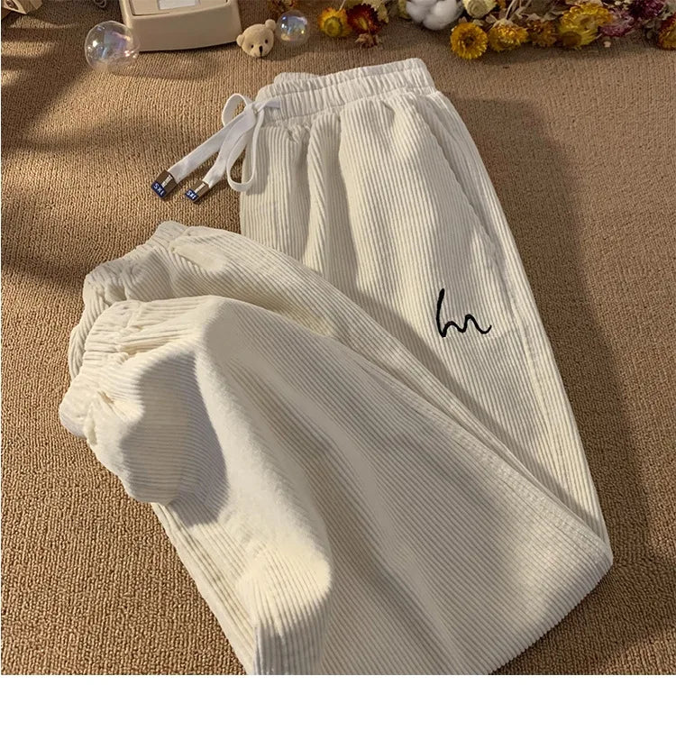 Corduroy Pants for Couples Autumn Winter Loose Fit High Waist Casual Loose Trousers Sports Pants Men Women Trendy Embroidery