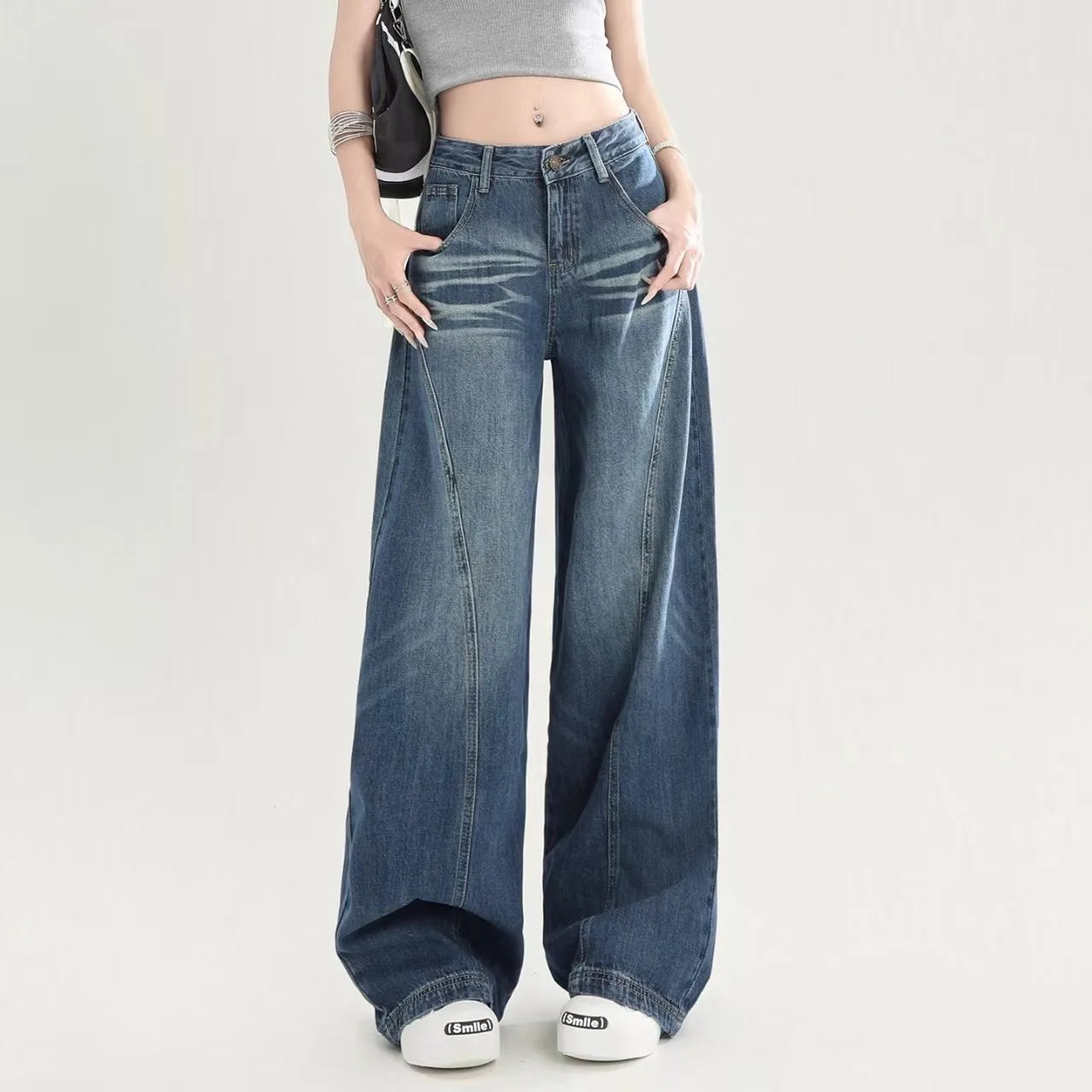 American Retro Deep Blue Wide Leg Denim Jeans Women Summer High Waist Draping Loose Slim Straight Casual Long Trousers