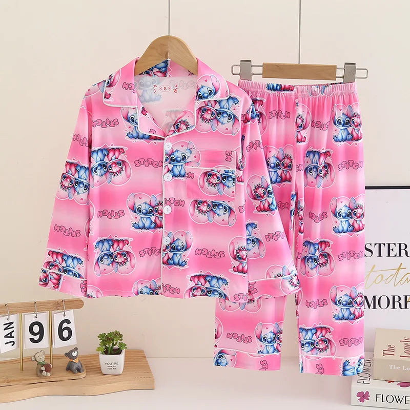 Cartoon New Spring Autumn Children's Pajamas Set Girls Boys Teenagers Stitch Long-sleeved and Pants Outside Home Clothes Set