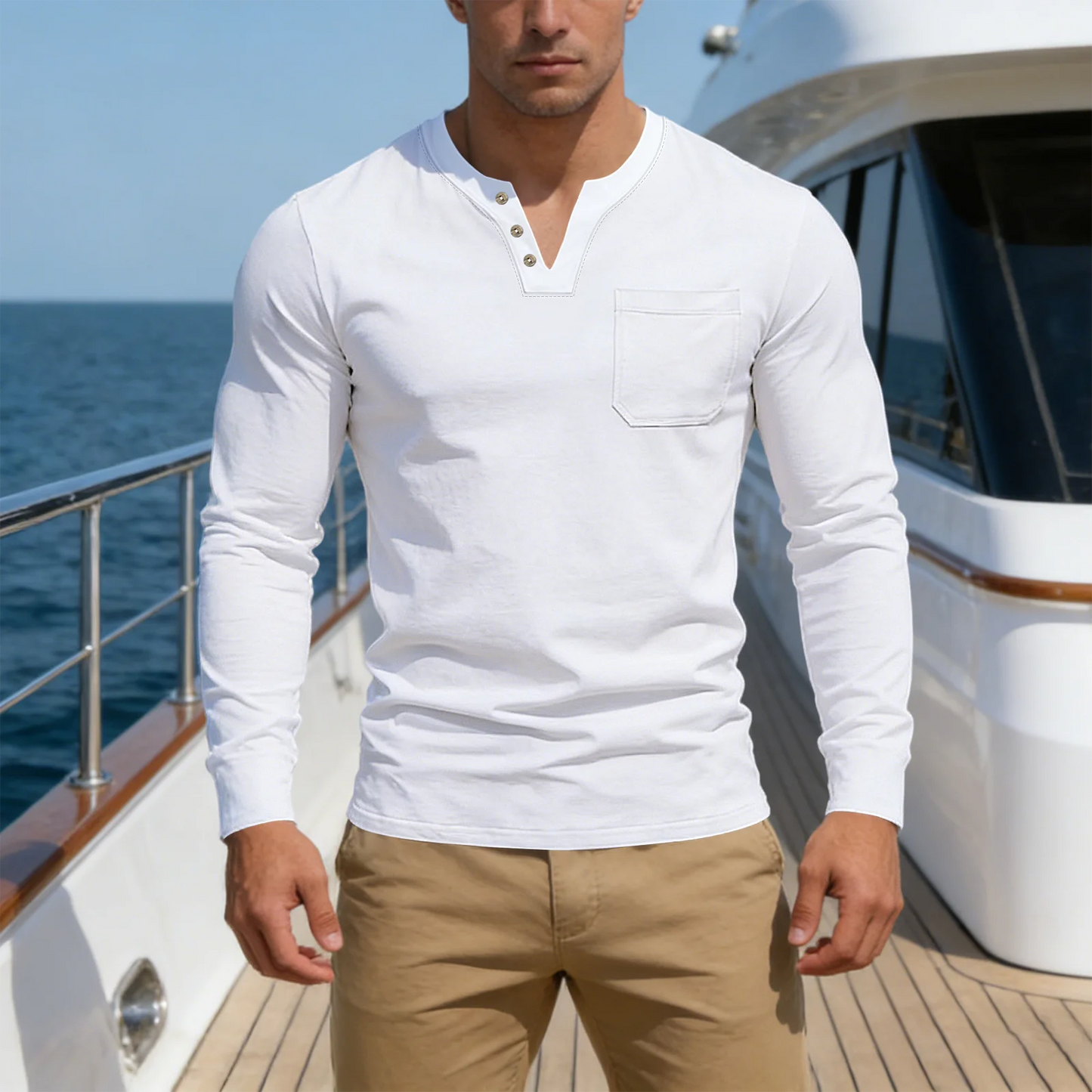 New Spring/Summer Men's Casual V-neck Long sleeved Top with Button Pocket T-shirt Outdoor Versatile Trendy Fashion Men's Top