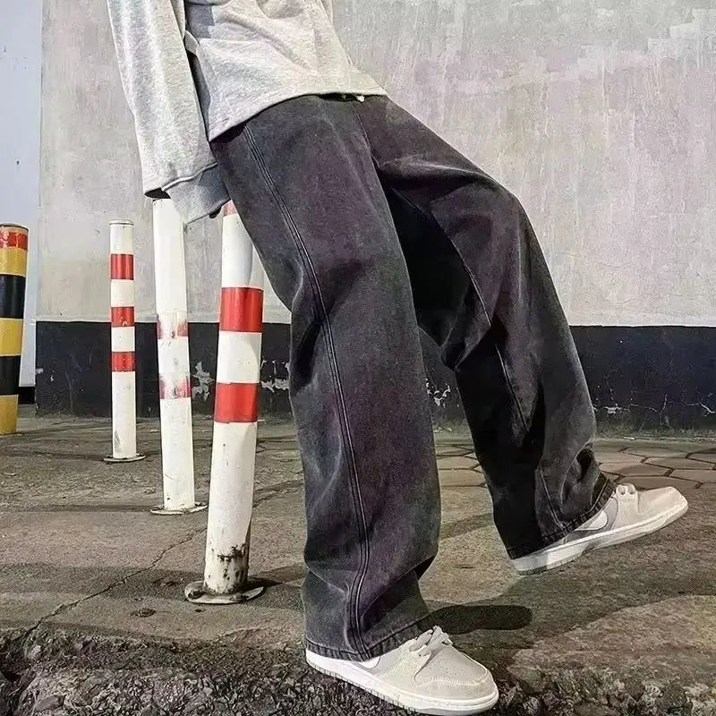 Men Casual Loose Jeans Male Streetwear Fashion Straight Wide Leg Denim Pants Elastic Waist Comfortable Solid Color Gray Trousers