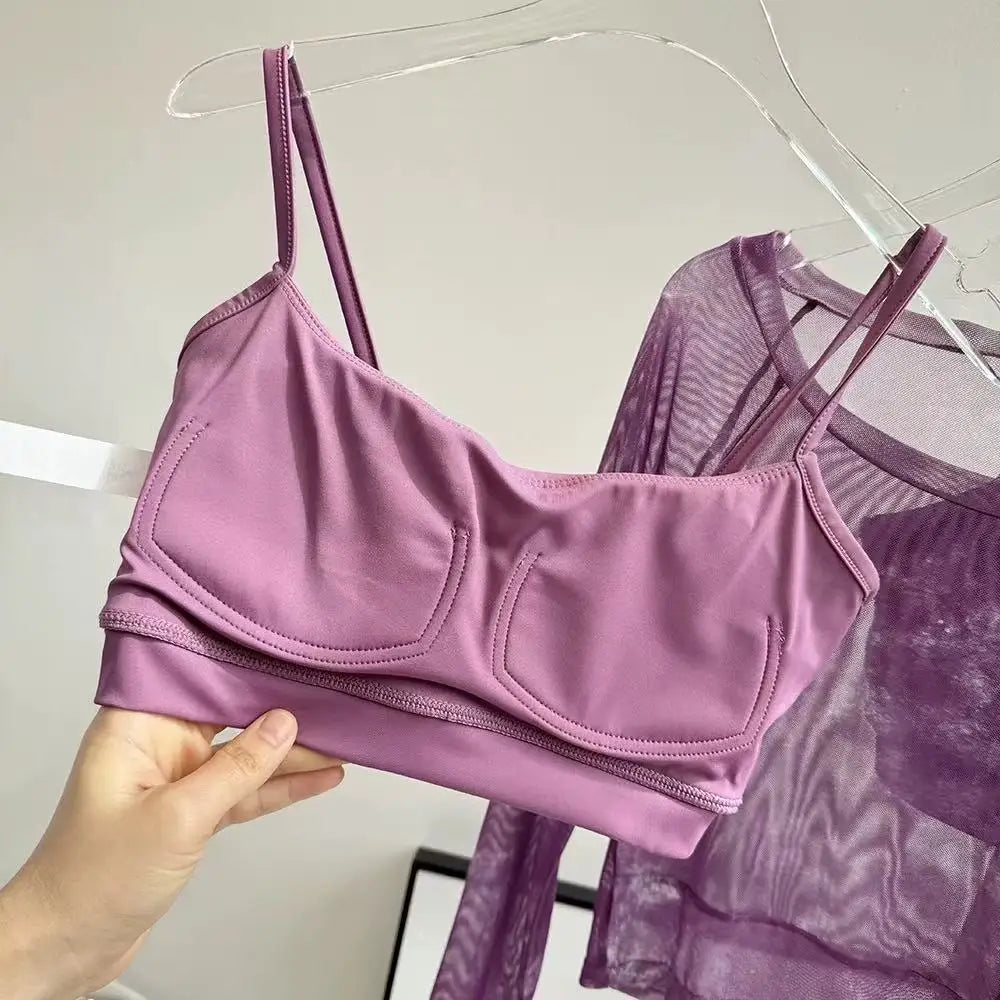 2PCS Gym Top Bra with T-Shirt Women Fitness Sport Crop Top Sexy Long Sleeve Shirt Quick Dry Yoga Shirt Outdoor Clothes