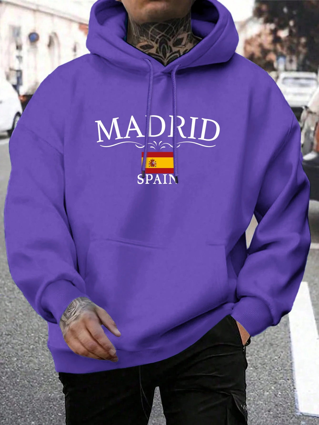 Hoody Men Trendy Madrid Spain Flag Printed Pocket Hoodie All-Match Fleece Comfortable Clothes Autumn Fashions Streetwear