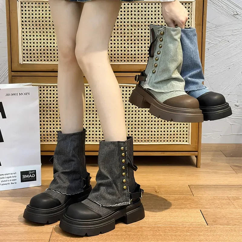 Women Boots British Fashion Pants Leg Boots  New Thick Soled Rivet Zipper Belt Buckle Platform Anti Slip Cowboy Short Boots