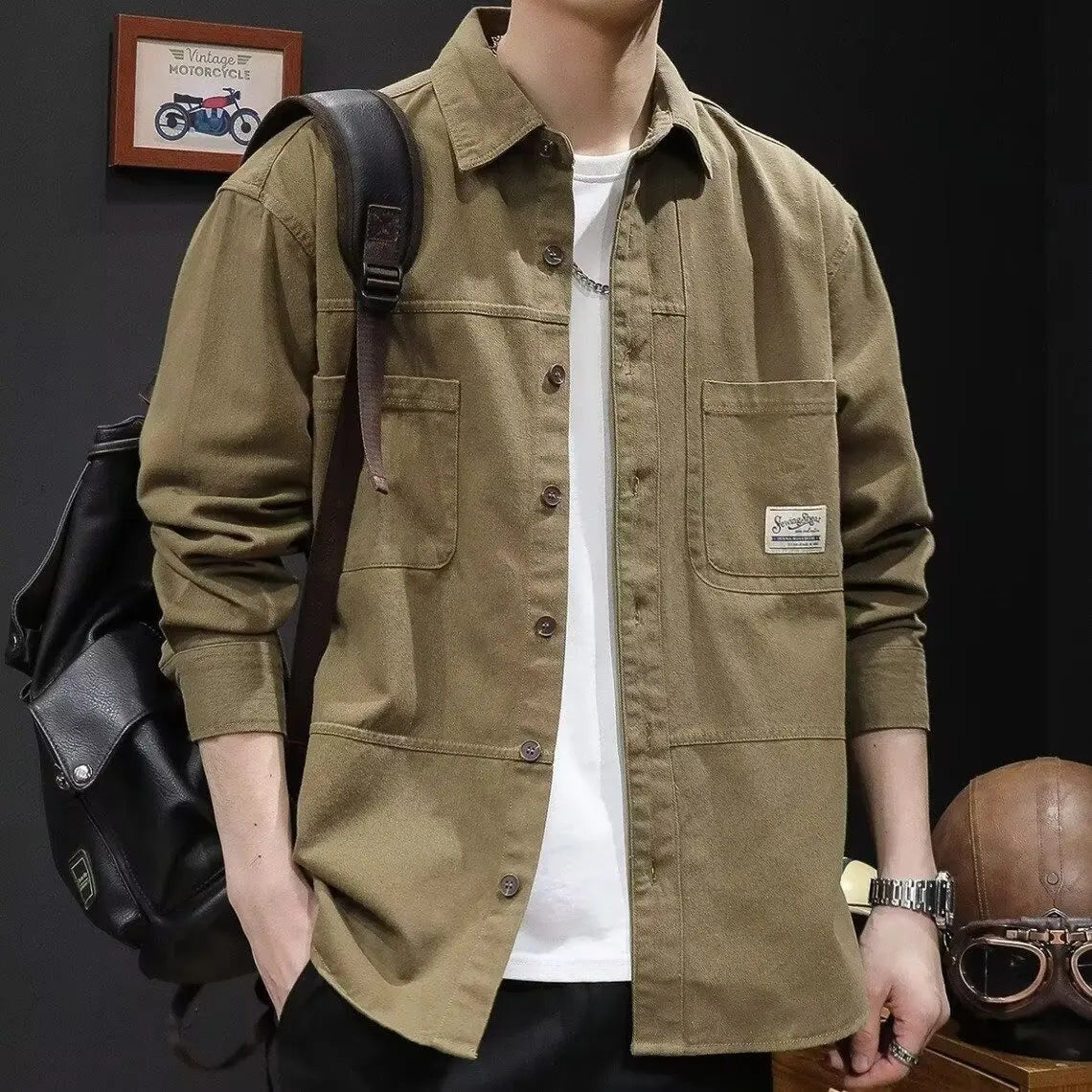 Retro Casual Loose Fit Men's Shirt Long Sleeve Turn-down Collar Fashionable Workwear Jacket Outerwear for Youth