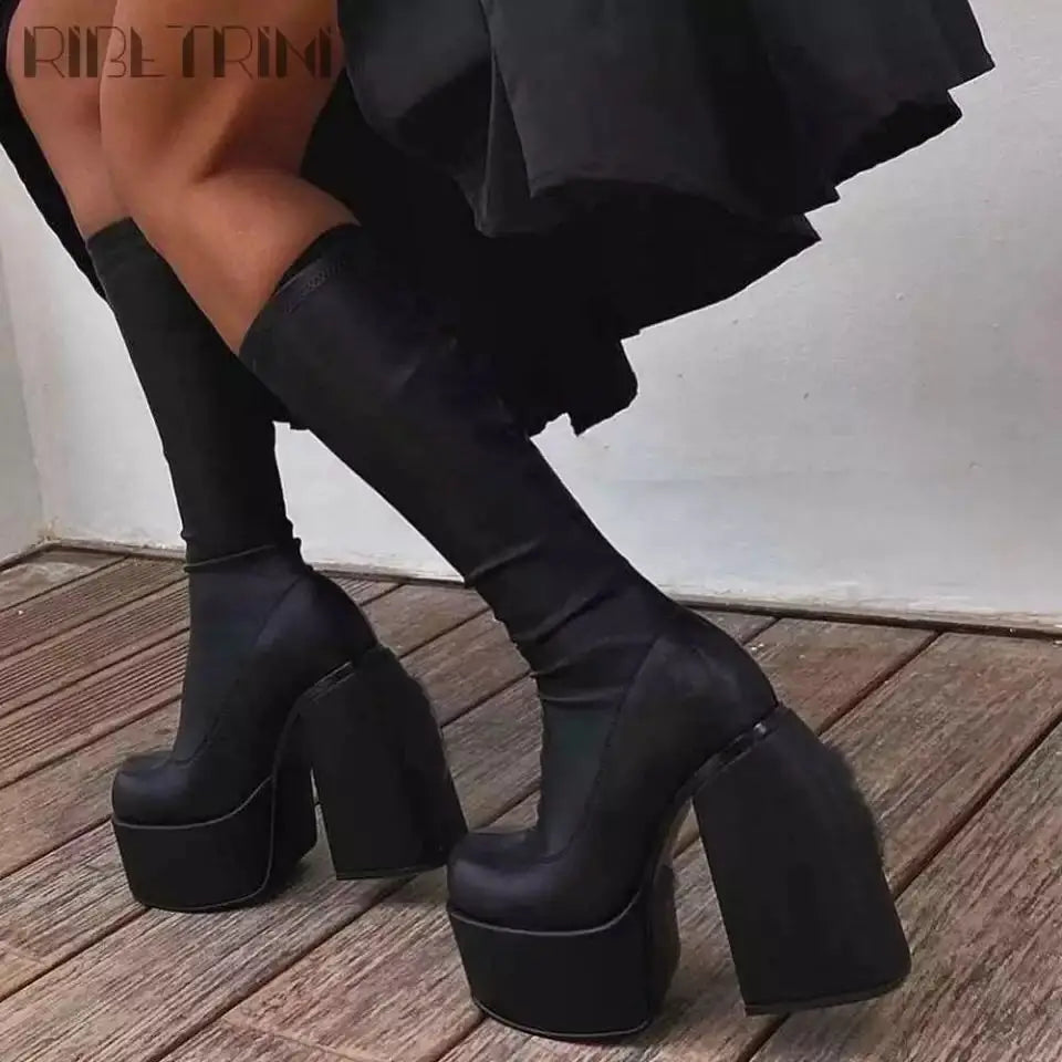Boots for Women 2022 Knee High Shoes on Platform Heels Punk Style Autumn Winter Chunky Gothic Plus Size Sexy Pole Dance Luxury