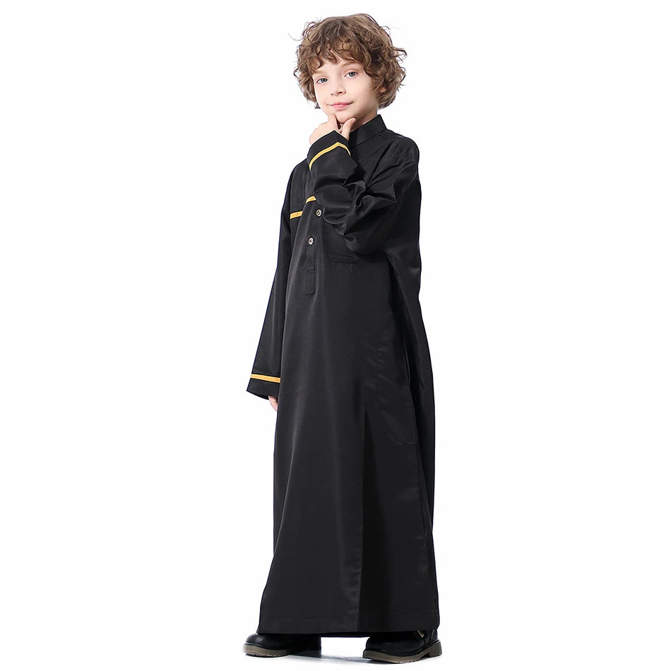 Ramadan Eid Islamic Boys Long Robe Children Traditional Arab Thobe Thawb Caftan Solid Color Long Sleeve Stand Collar with Pocket