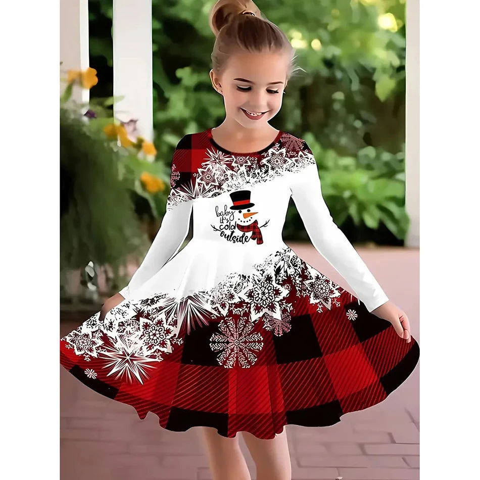 Kids Christmas Dress For Girls Clothes Autumn Winter 2026 New Children Cute Cartoon Print Long Sleeve Xmas Party Casual Dress