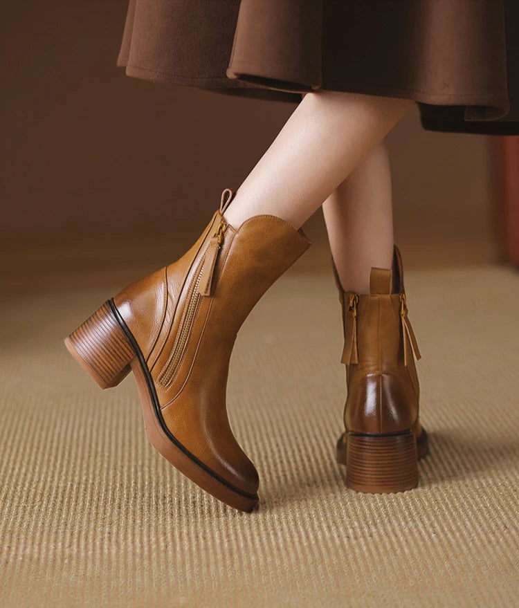 Women's Boots 2025 Spring and Autumn New Chelsea Boots Thick Heel Brown Short Leather Shoes for Women High Heels platform shoes