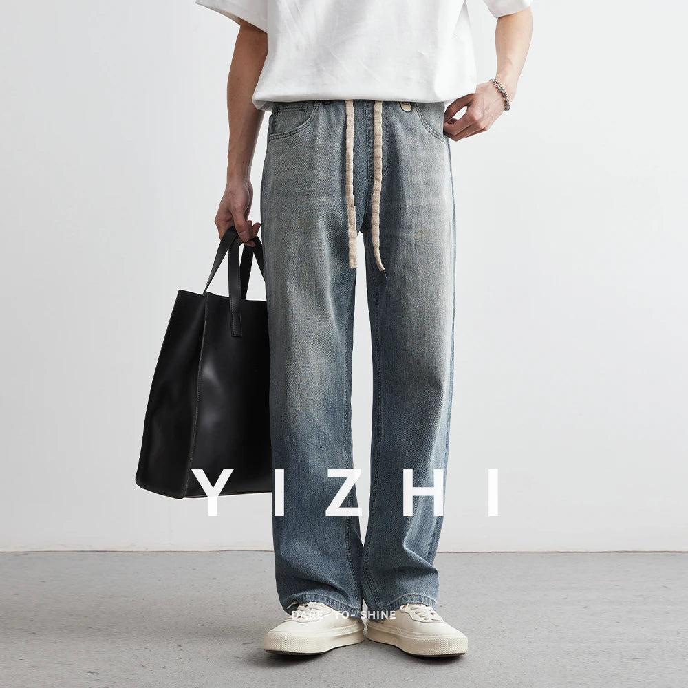 Men's Japanese Retro Jeans 2025 Summer New Fashion Personality Straight Elastic Waist Straight Jeans Loose Casual Jeans Pants