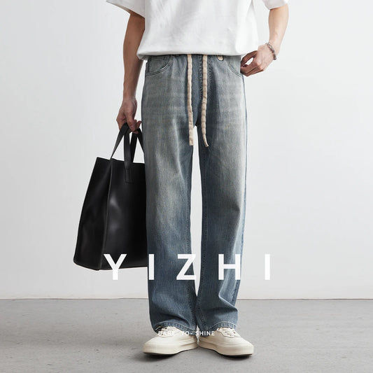 Men's Japanese Retro Jeans 2025 Summer New Fashion Personality Straight Elastic Waist Straight Jeans Loose Casual Jeans Pants