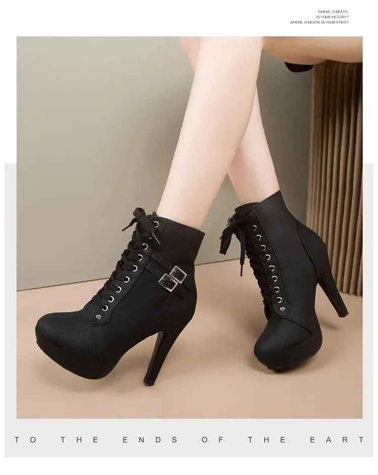 Women High Heels Platform Ankle Boots 2025 Autumn Winter Fashion Thick Heel Cross Strap Boots Female Belt Buckle Short Booties