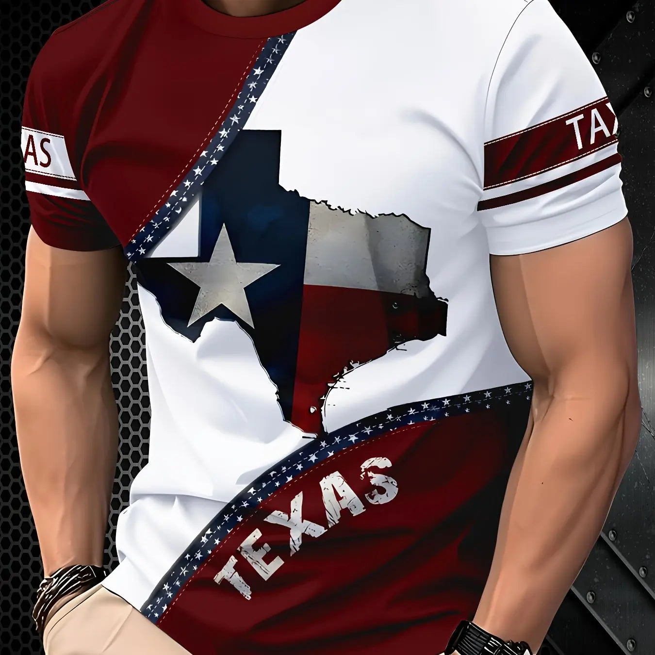 1pc Men'S Casual Novelty T-Shirt,Texas Flag Print,Crew Neck,Polyester Knit Fabric with Slight Stretch,Regular Fit