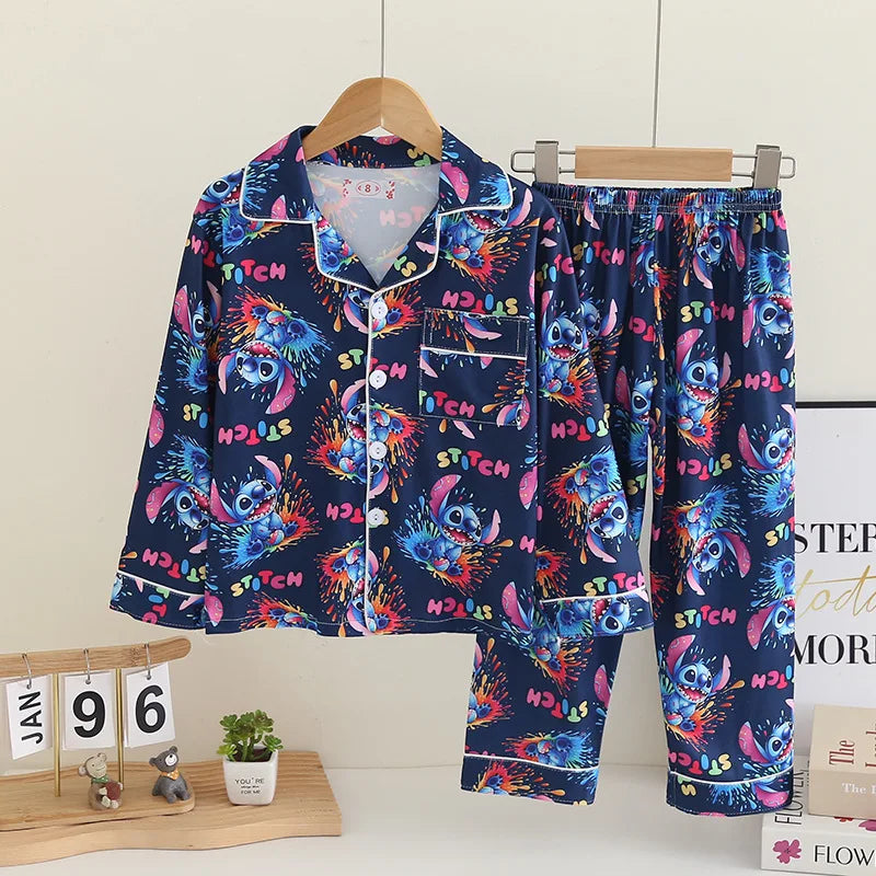 Cartoon New Spring Autumn Children's Pajamas Set Girls Boys Teenagers Stitch Long-sleeved and Pants Outside Home Clothes Set