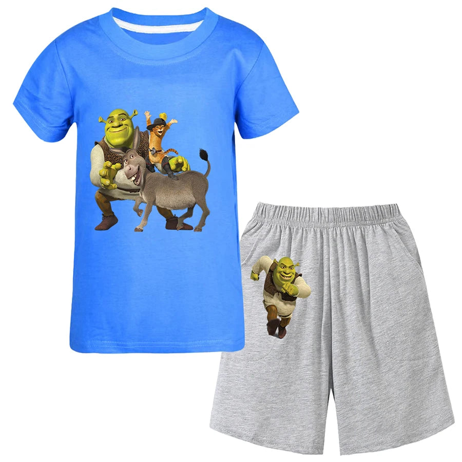 Shrek Child Tracksuit Blouse Short Sleeve Family Matching Clothes Sets for Baby Set for Children From 6 To 12 Years Old Summer