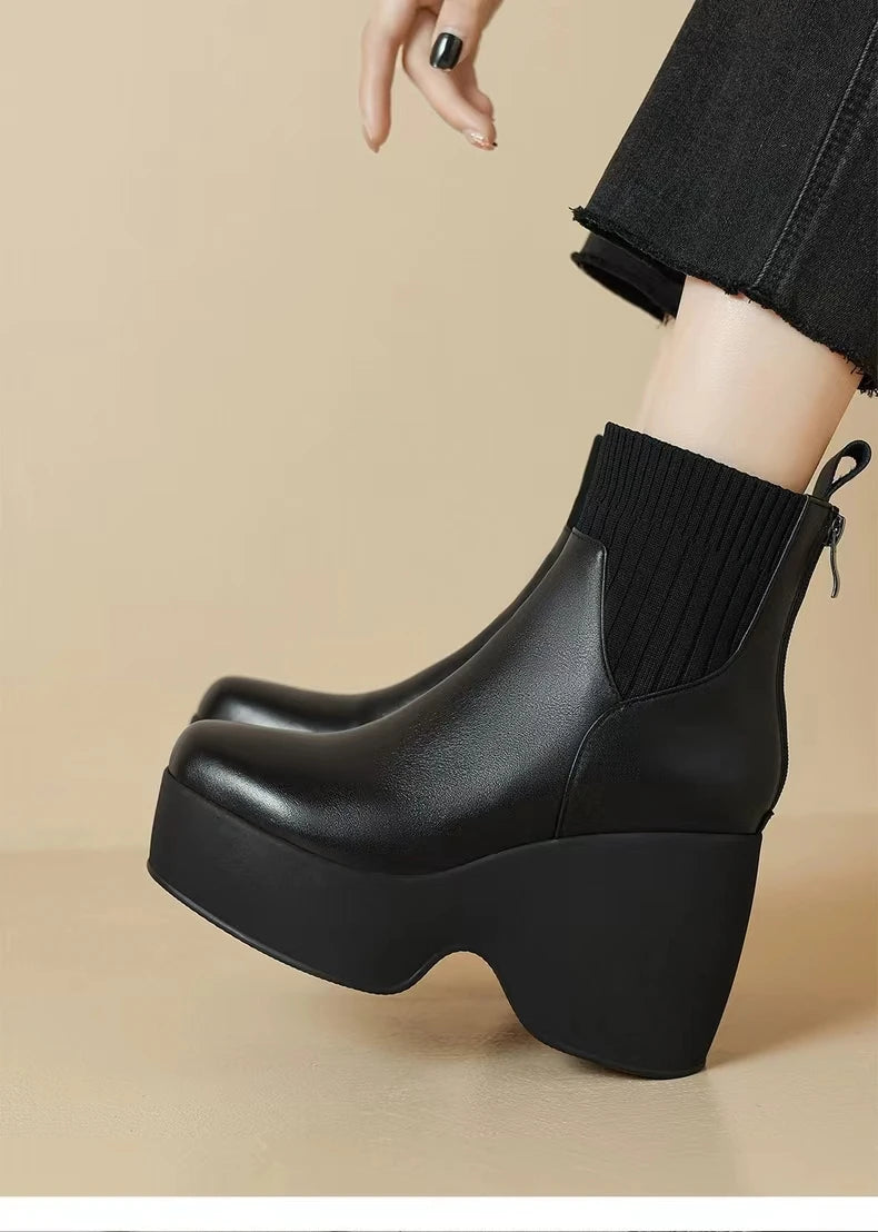 Comfortable Fashion Soft Leather Boots Women's Platform 2024 Winter Warm Round Head Flexible Med Block Sock Mom Ankle Boots