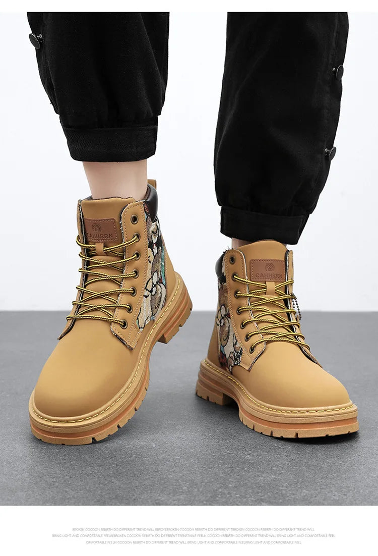 New Men's Boots Designer Luxury Men Working Boots High Tops Platform Leather Shoes for Men British style Motorcycle Botas Hombre