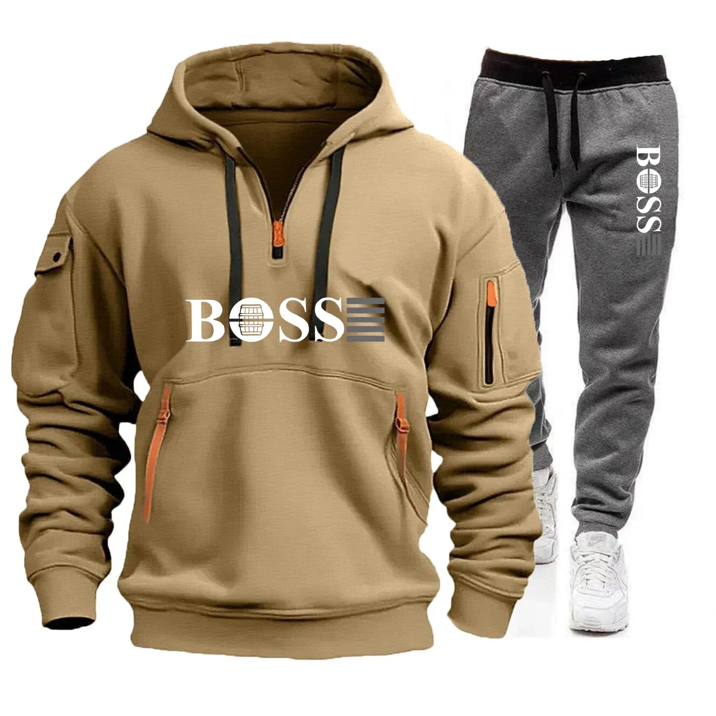 Men's Autumn and Winter New Pullovers Hoodie and Pants 2-piece Set, Outdoor Jogging Windproof Zipper Warm Men's Sportswear