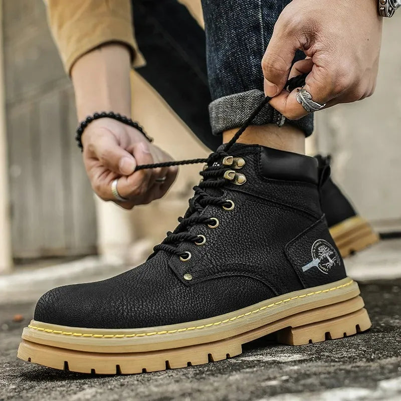 Men Ankle Boots Platform Leather Boots 2025 Fashion Brown Lace-up Boot High Top Comfortable Casual Shoes Non-slip Work Men Boots