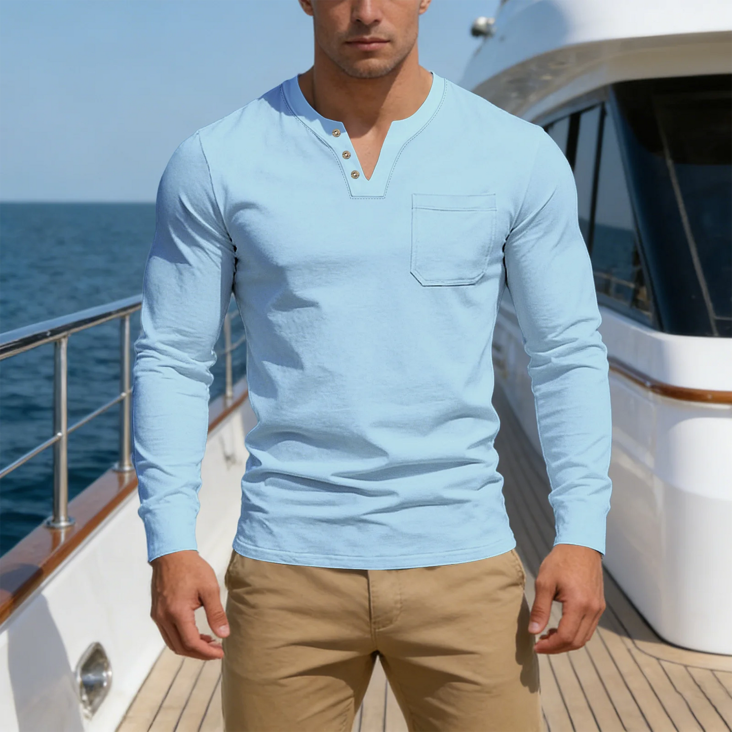 New Spring/Summer Men's Casual V-neck Long sleeved Top with Button Pocket T-shirt Outdoor Versatile Trendy Fashion Men's Top