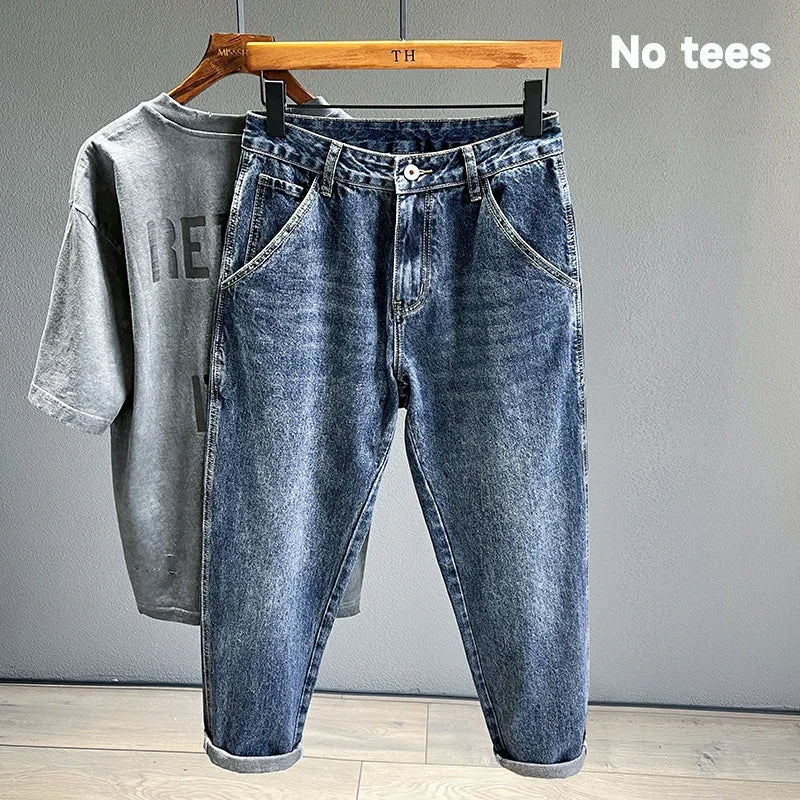 Men's Tapered Jeans Fashion Streetwear Casual Pants Personality Vintage Blue Denim Trousers Hip Hop High Quality Male Clothes
