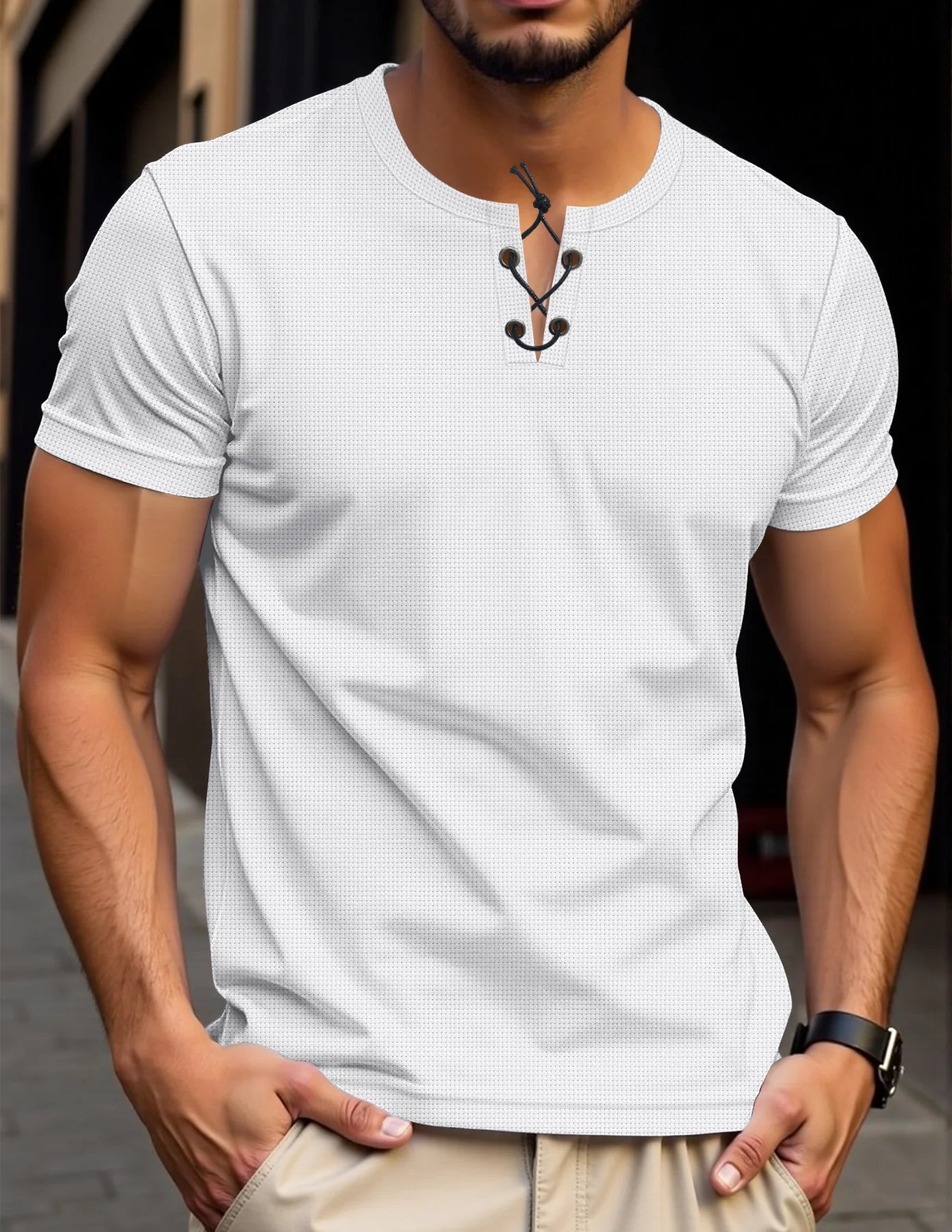 New Spring/Summer Men's Casual Waffle Solid Color Round Neck Tie Rope Short Sleeve Hoodie Top Outdoor Versatile Fashion Top