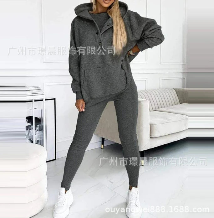 Two Piece Set for Women 2024 Solid Color Casual Comfortable Loose Fitting Long Sleeved Hoodie and Sports Plain Long Pants Set